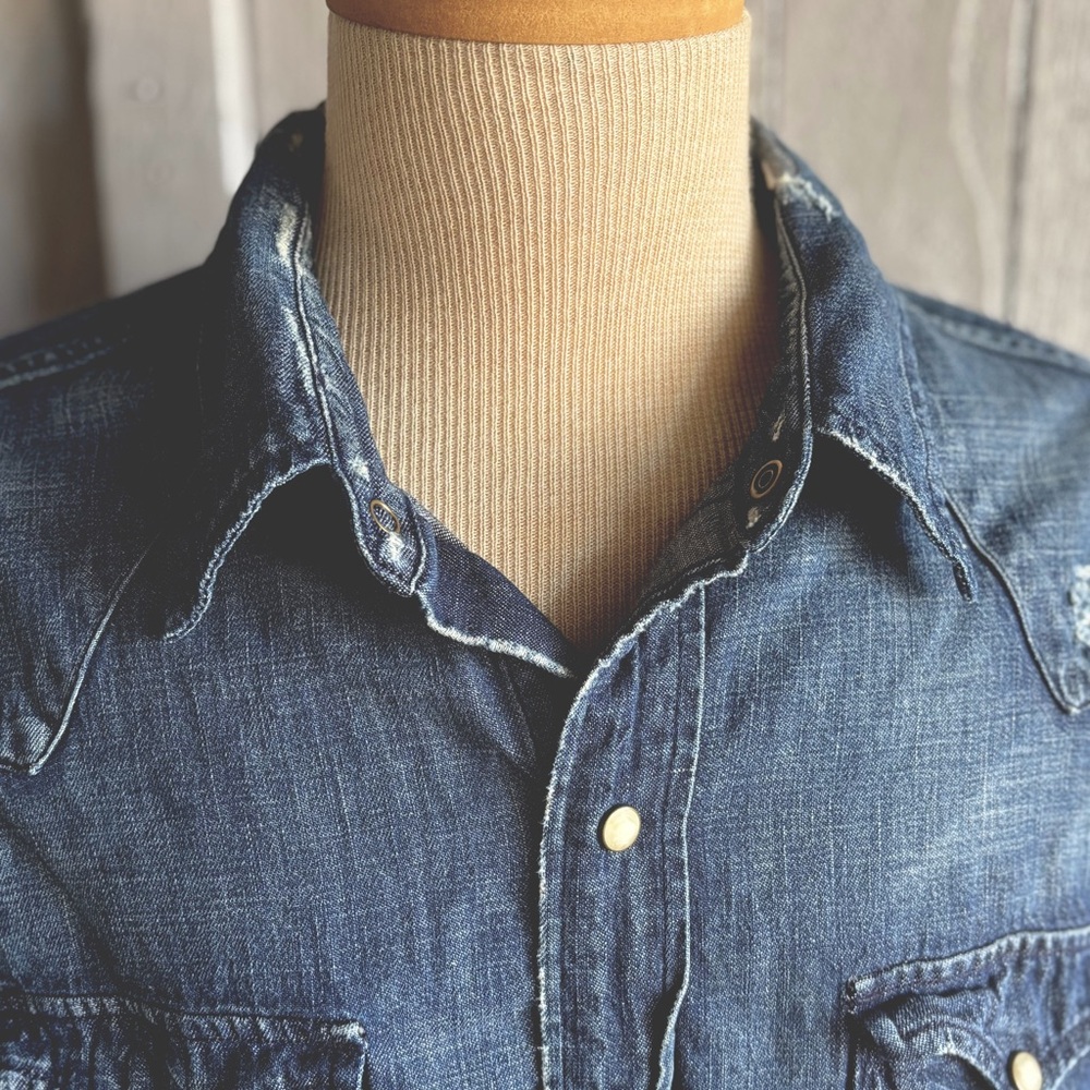 Polo by Ralph Lauren Blue Casual Button Down Western Shirt Distressed Denim XL